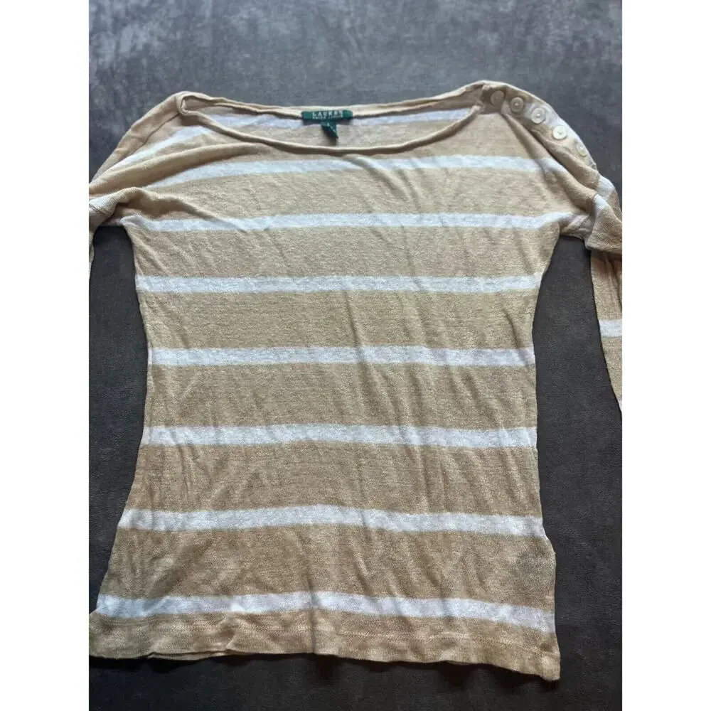 Ralph Lauren WOMEN Small LONG SLEEVE SHIRT White Tan Knit Button Sleeves